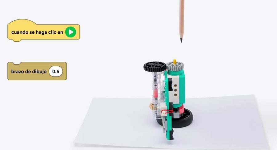 Bloques de programación y un brazo de dibujo LEGO con lápiz